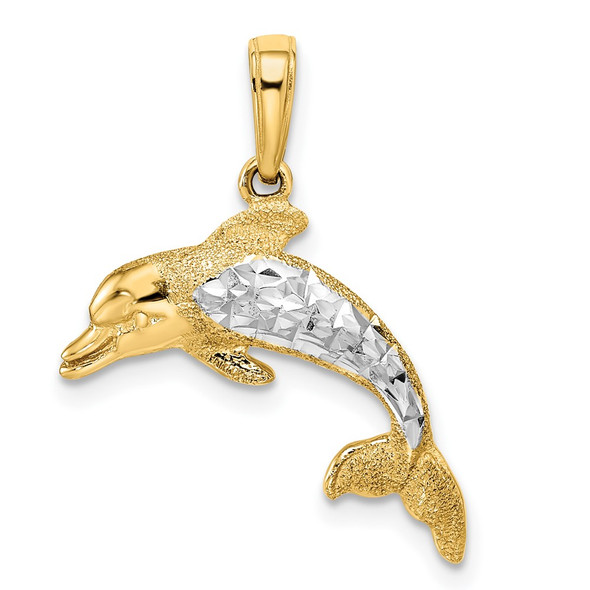 14k Yellow Gold w/Rhodium Diamond-cut Dolphin Pendant