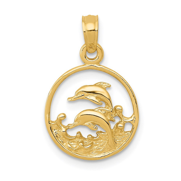 14k Yellow Gold Double Dolphin Circle Pendant