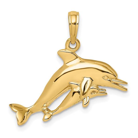 14k Yellow Gold 2-D Double Dolphins Swimming Pendant