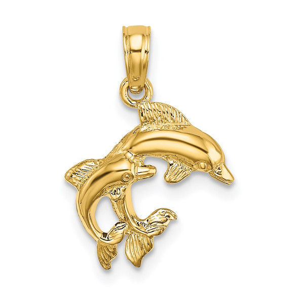 14k Yellow Gold Polished 2-D Mini Double Dolphins Pendant