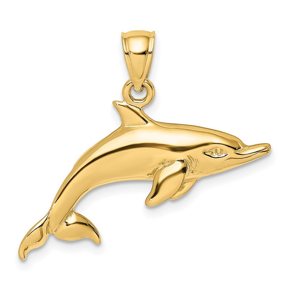 14k Yellow Gold 2-D and Polished Swimming Dolphin Pendant