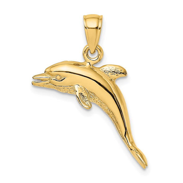 14k Yellow Gold 3-D Polished and Textured Dolphin Jumping Pendant