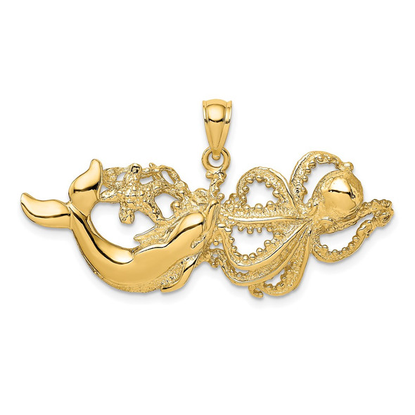 14k Yellow Gold Polished and Textured Dolphin and Octopus Pendant