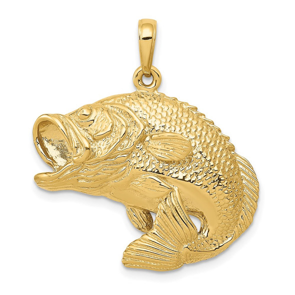 14k Yellow Gold Bass Fish Jumping Pendant