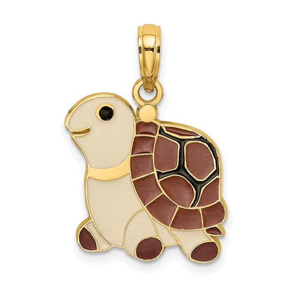 14k Yellow Gold w/Brown Enamel Turtle Pendant