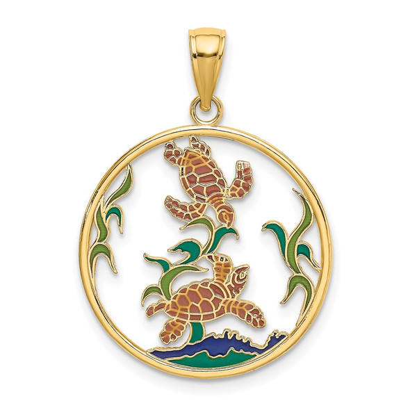 14k Yellow Gold Enamel Sea Turtles In Circle Pendant