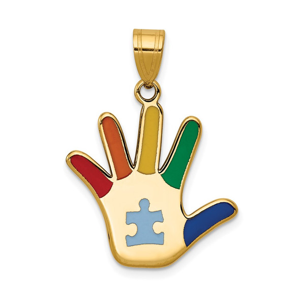 14k Yellow Gold Enameled Autism w/Puzzle Piece Handprint Pendant