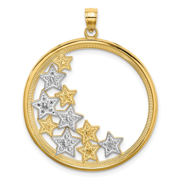 14k Yellow Gold w/Rhodium Stars In Round Frame Pendant