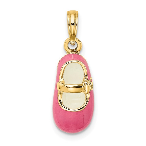 14k Yellow Gold 3-D w/Pink Enamel Baby Shoe Pendant
