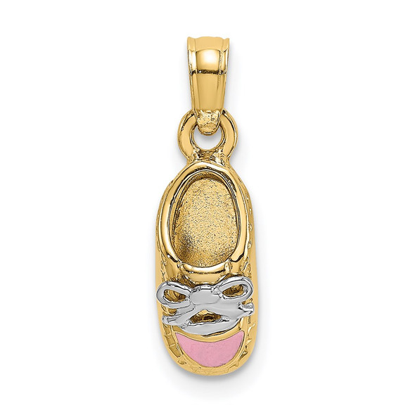 14k Yellow Gold And Rhodium 3-D Pink Enamel Baby Shoe Pendant