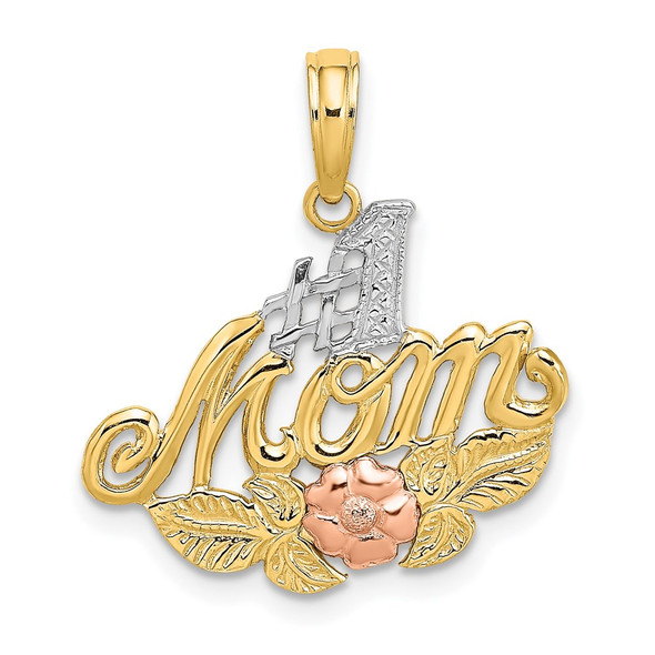 14k Yellow and Rose Gold with Rhodium #1 Mom w/ Flower Pendant