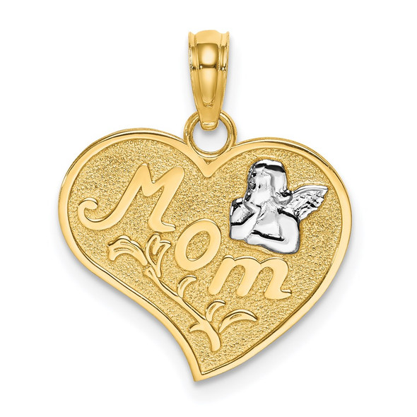 14k Yellow Gold w/ Rhodium-Plated Mom and Angle Heart Pendant