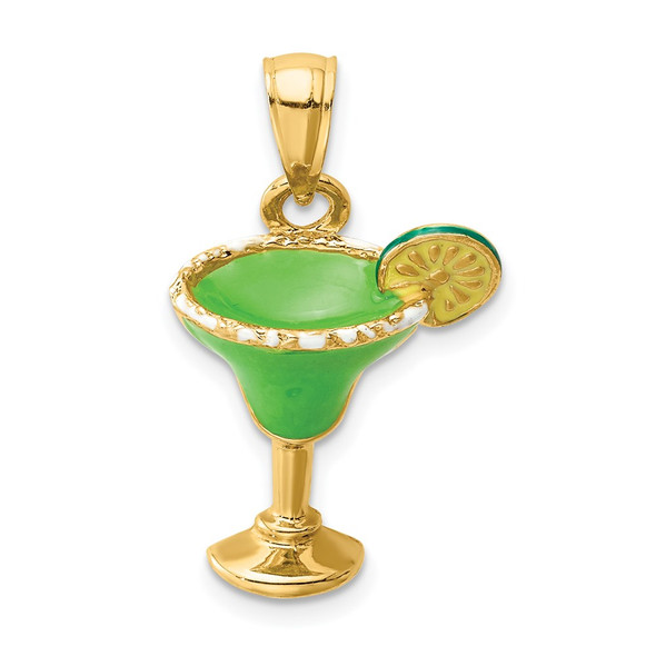 14k Yellow Gold 2-D Green Enameled Salted Margarita Drink w/Lime Pendant