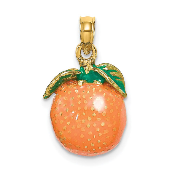 14k Yellow Gold w/ Enamel 3-D Orange with Stem and Leaf Pendant