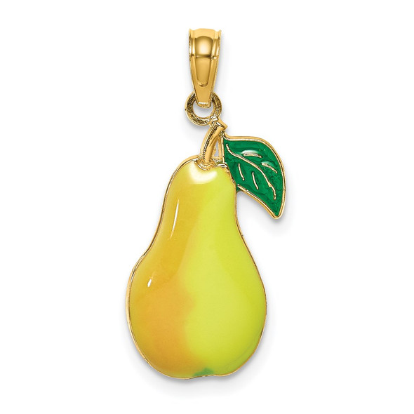 14k Yellow Gold w/ Enamel 2-D Comice Pear with Stem and Leaf Pendant