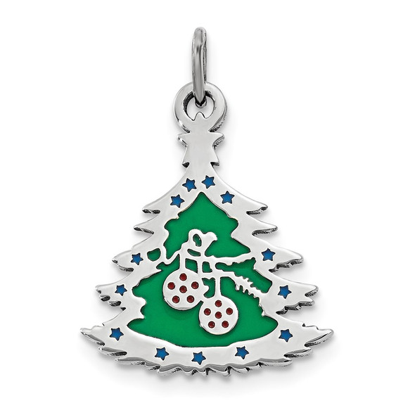 Sterling Silver Polished Green Enameled Christmas Tree Pendant