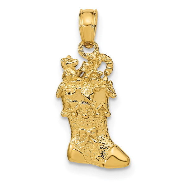 14k Yellow Gold Solid Polished 3D Christmas Stocking Pendant