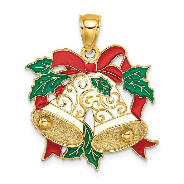 14k Yellow Gold Enamel Holiday Bells and Holly Pendant