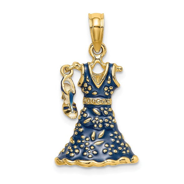 14k Yellow Gold 3-D Moveable Enamel Blue Floral Dress w/Shoe Pendant