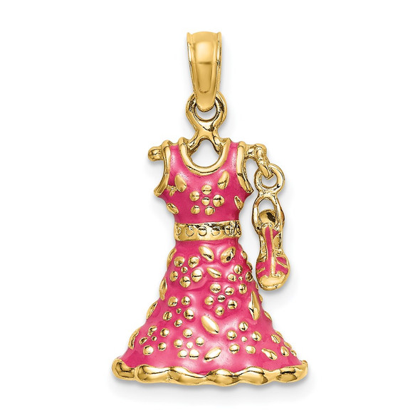 14k Yellow Gold 3-D Moveable Enamel Pink Floral Dress w/Shoe Pendant