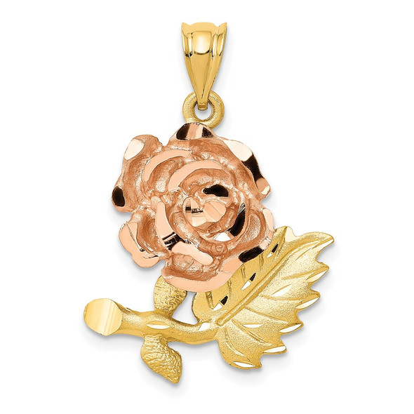 14k Yellow and Rose Gold Solid Satin Diamond-cut Flower Pendant