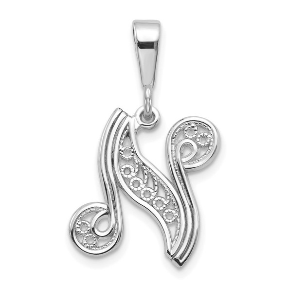 14K White Gold Solid Polished Filigree Initial N Pendant