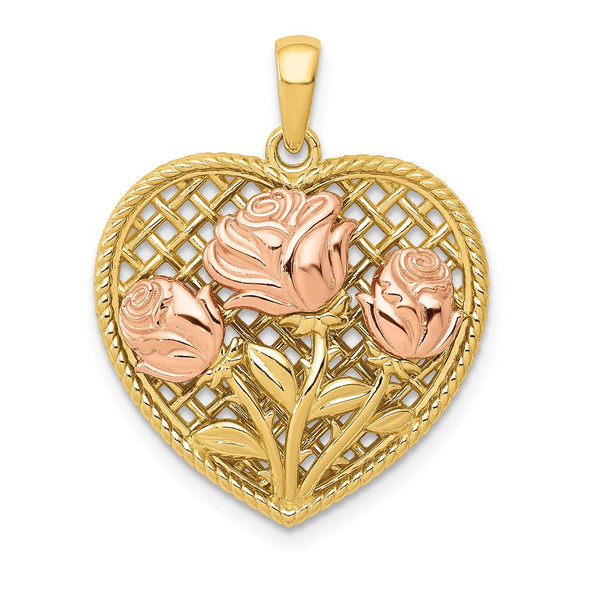 14k Yellow and Rose Gold Polished Roses Basketweave Heart Pendant