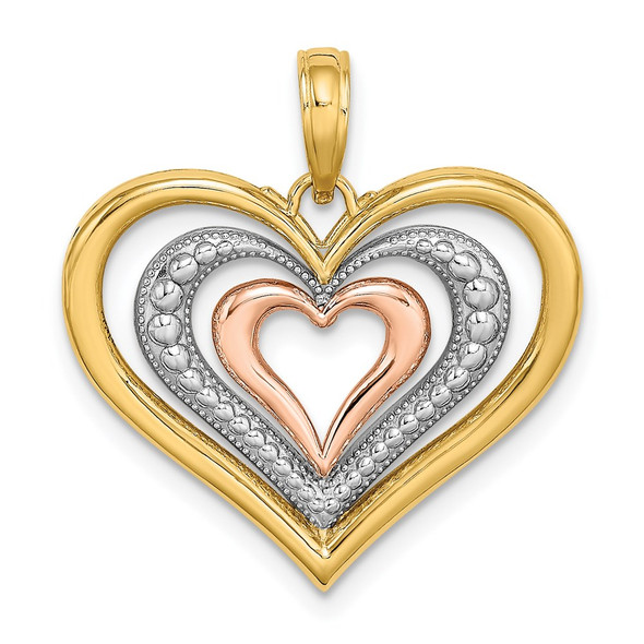 14k Yellow and Rose Gold with Rhodium Beaded Polished Triple Hearts Pendant