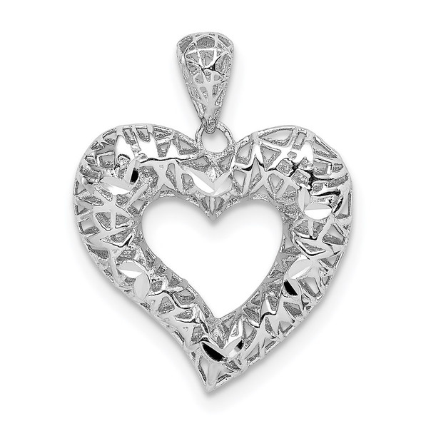 Sterling Silver Rhodium-plated Polished Diamond-cut Heart Pendant