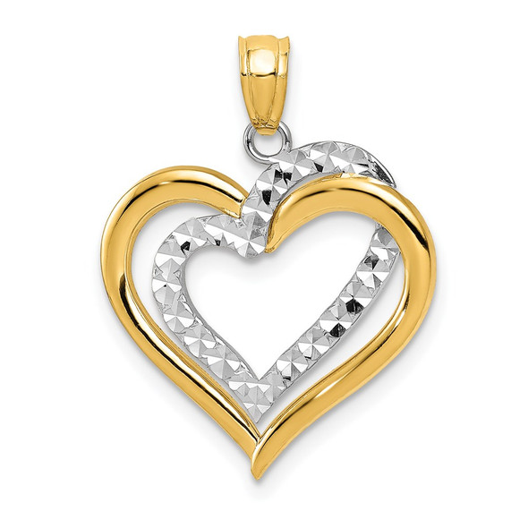 14k Yellow and White Gold Diamond-cut Double Heart Pendant