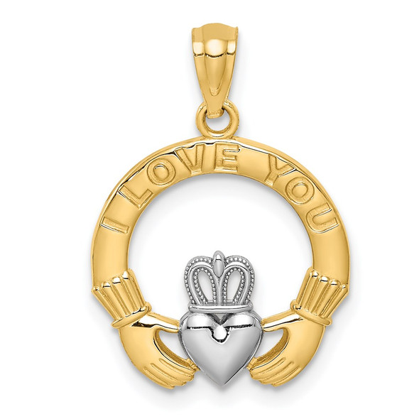 Mens 14k Yellow Gold And Rhodium I Love You Claddagh Pendant