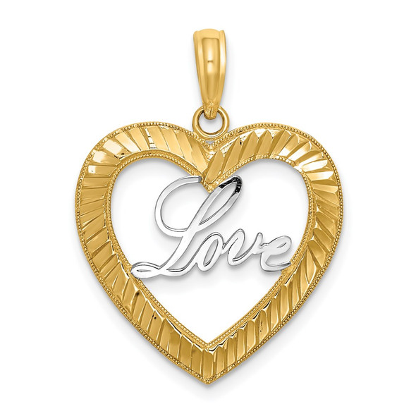 14k Yellow Gold and Rhodium-Plated Diamond-cut Love Heart Pendant