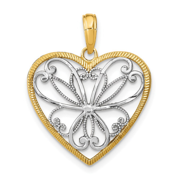 14k Yellow Gold w/Rhodium-Plated Filigree Heart Pendant K9487