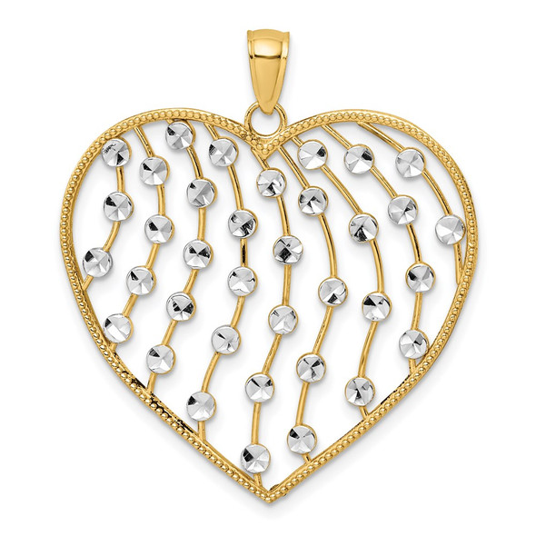 14k Yellow Gold And Rhodium Diamond-Cut Beaded Heart Pendant
