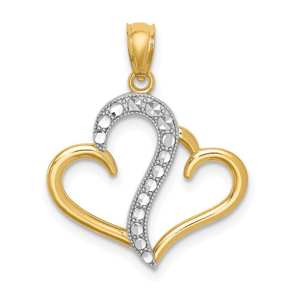 14k Yellow Gold And Rhodium Polished Double Heart Pendant