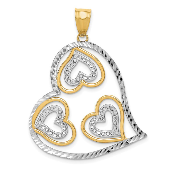 14k Yellow Gold And Rhodium Polished Heart Inside Heart Pendant