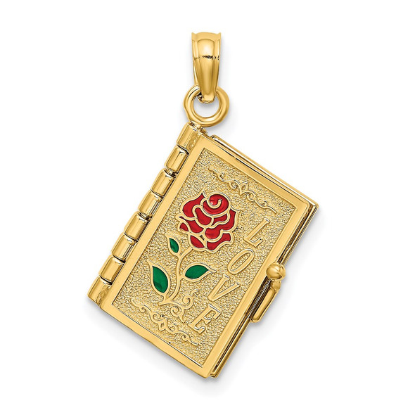 14k Yellow Gold Enameled 3D Moveable LOVE Flower Book Pendant