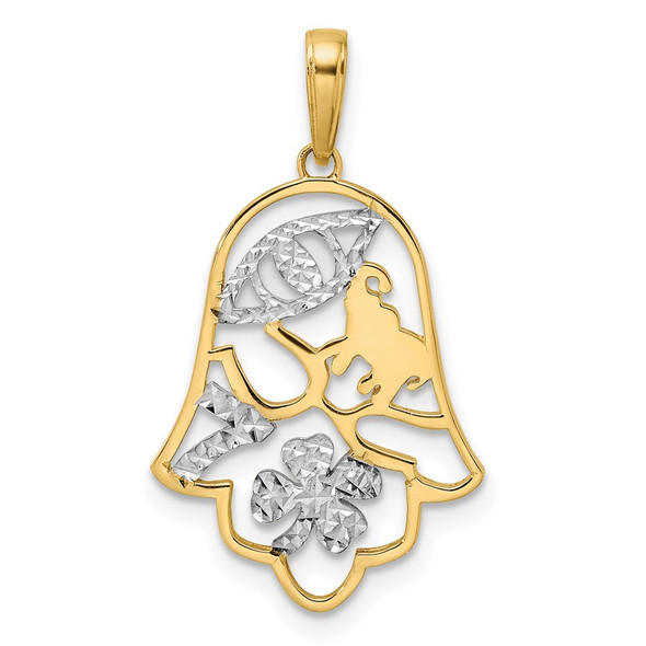 14k Yellow Gold and White Rhodium Diamond-cut Good Luck Symbols on Hamsa Pendant