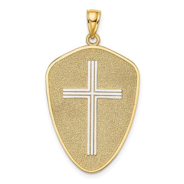 14k Gold with Rhodium Cross Shield w/Joshua 1:9 On Reverse Pendant