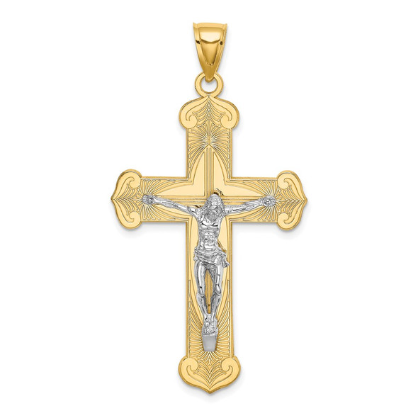 14k Gold with Rhodium-Plating Engraved Crucifix Pendant K9217