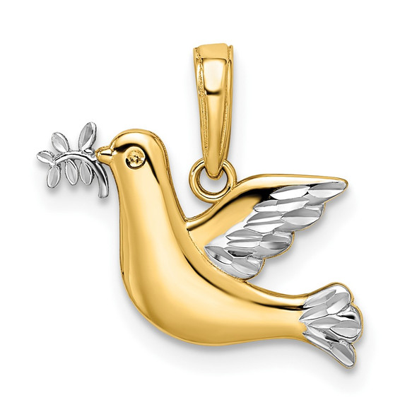 14k Yellow Gold and Rhodium Polished and Diamond-cut Dove Pendant