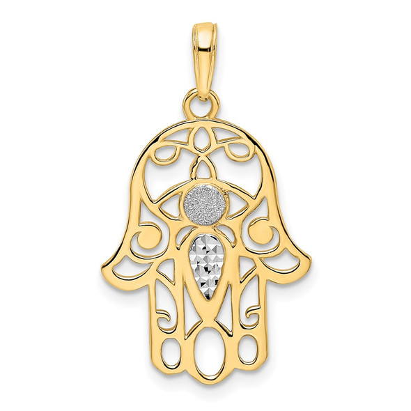 14k Yellow Gold and White Rhodium Diamond-cut Evil Eye Hamsa Pendant 2941