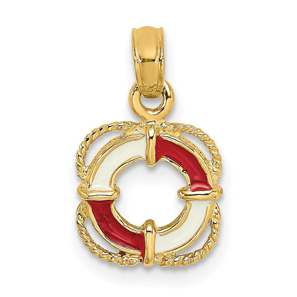14k Yellow Gold Red and White Enameled Lifesaver Ring Pendant