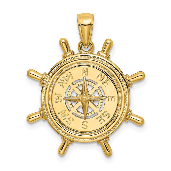 14k Yellow Gold Ship Wheel w/Nautical Compass Pendant