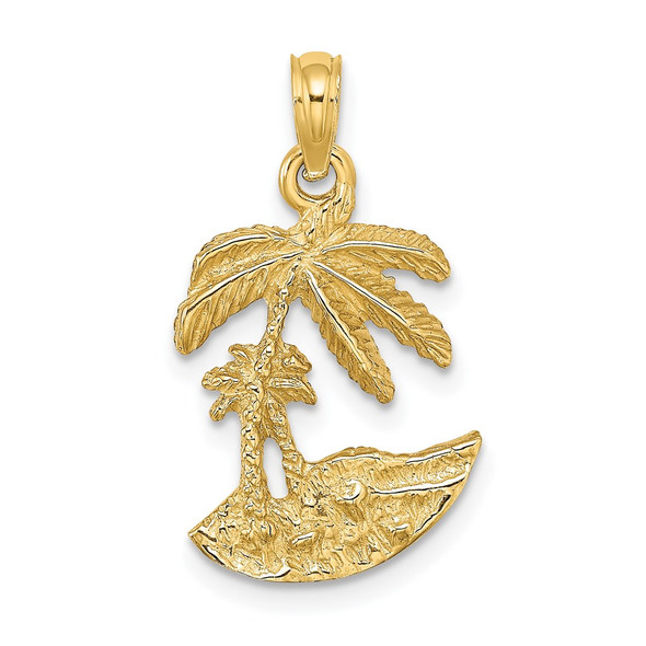 14k Yellow Gold 2-D Palm Trees On Island Pendant