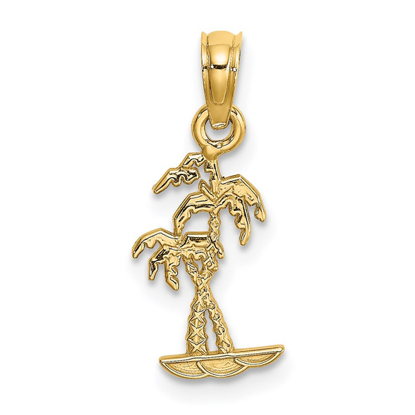 14k Yellow Gold Texture Mini Double Palm Trees Pendant