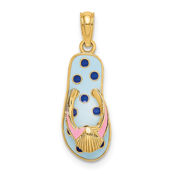 14k Yellow Gold 3D Enamel Shell On Blue Polka-Dot Flip-Flop Pendant