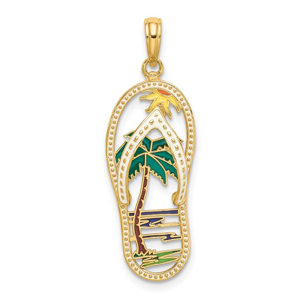 14k Yellow Gold Enamel Palm Tree Flip-Flop Pendant