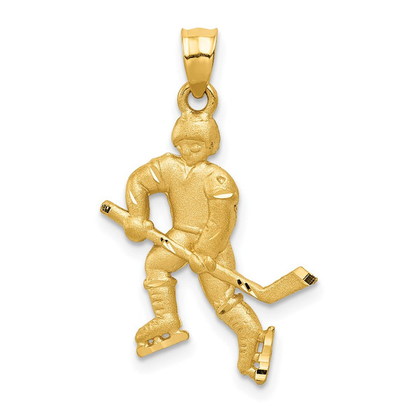 14k Yellow Gold Satin and Diamond-cut Hockey Player Pendant