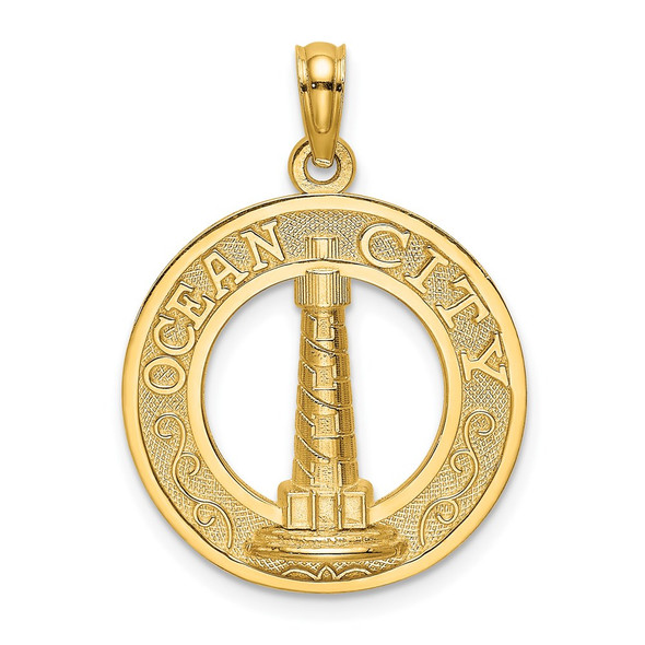 14k Yellow Gold Ocean City Round Frame w/Lighthouse Pendant